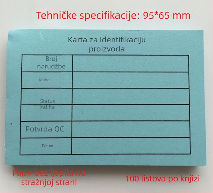 Kartica za identifikaciju proizvoda – pravokutna kartica od pisaćeg papira, strojno ispisivanje, debljina 0,008, model 95X65, za pisanje olovkom