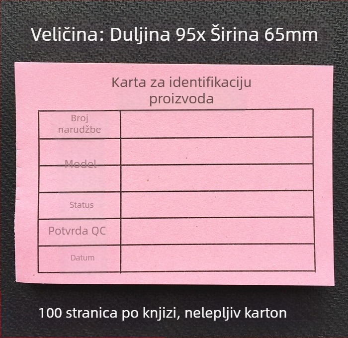 Kartica za identifikaciju proizvoda – pravokutna kartica od pisaćeg papira, strojno ispisivanje, debljina 0,008, model 95X65, za pisanje olovkom