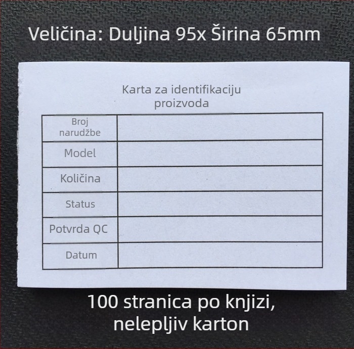 Kartica za identifikaciju proizvoda – pravokutna kartica od pisaćeg papira, strojno ispisivanje, debljina 0,008, model 95X65, za pisanje olovkom