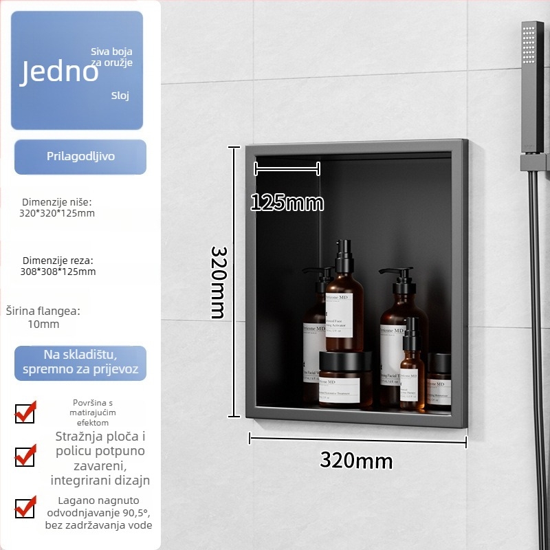 304 nehrđajući čelik – ugrađena niša za kupaonicu, 4 razine, završna obrada pećnim lakom, nosivost 20 kg, Defens