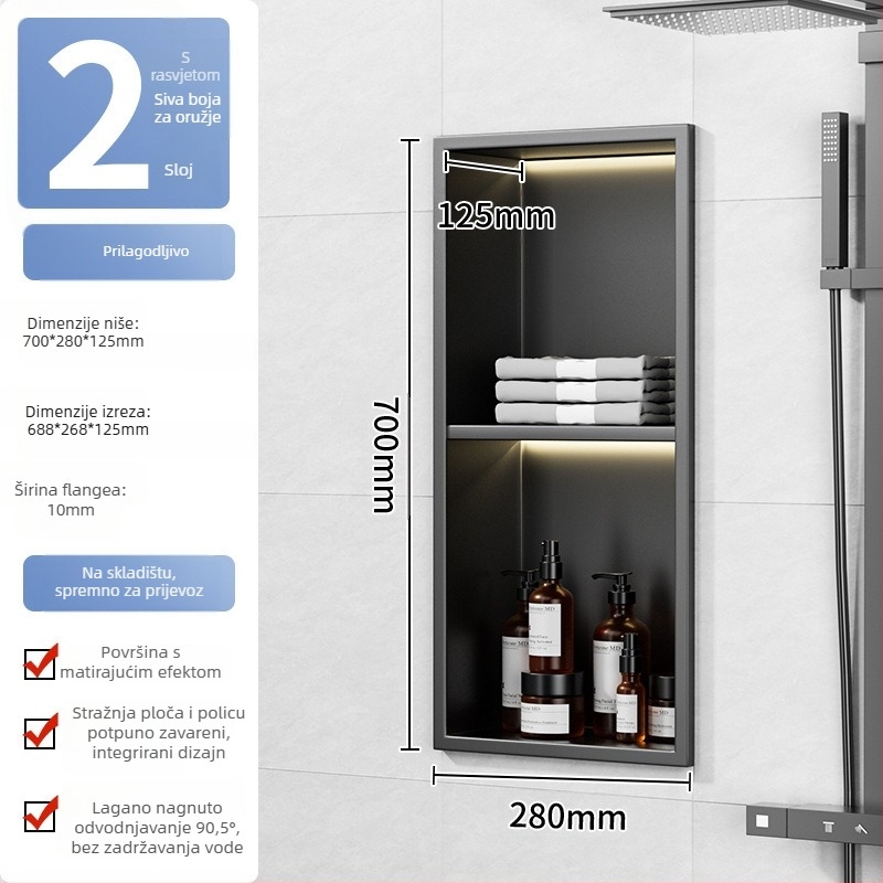 304 nehrđajući čelik – ugrađena niša za kupaonicu, 4 razine, završna obrada pećnim lakom, nosivost 20 kg, Defens