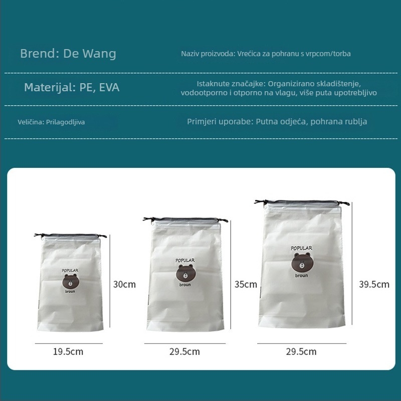 Torba za pohranu s vezicom u motivu medvjedića, dvostruka konstrukcija, mat završna obrada, za cipele, odjeću i kozmetiku za putovanja