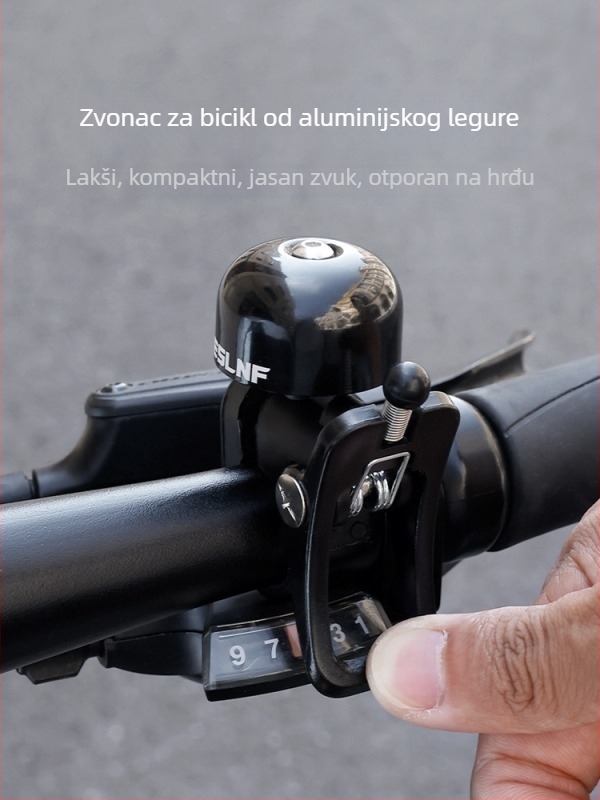Zvonac za bicikl od aluminijske legure, ESLNF (ovlaštena privatna marka), model 08CL0097, univerzalno za planinske bicikle.