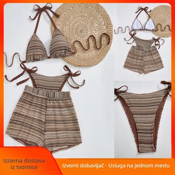 Trodjelni bikini set s halterom, prugast uzorak, seksi, visoka elastičnost, umetci za grudi, poliester-spandeks materijal