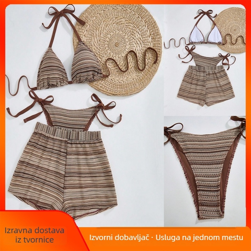 Trodjelni bikini set s halterom, prugast uzorak, seksi, visoka elastičnost, umetci za grudi, poliester-spandeks materijal