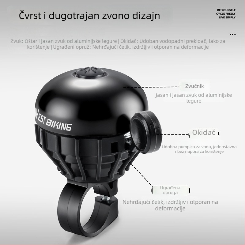 Zvončić za bicikl — aktiviran palcem, aluminijska legura, West Rider, model Yp0706061, dodatak za planinski bicikl