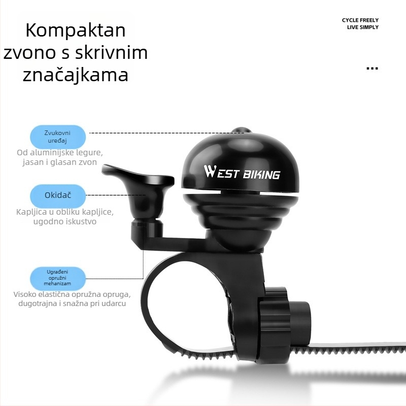 Zvonac za bicikl od aluminijskog legura West Rider, za planinske i cestovne bicikle, model Yp0706057.