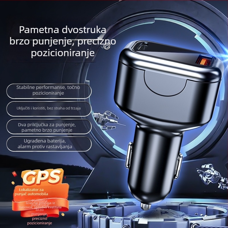 Bežični auto punjač s GPS + Beidou lokatorom (točnost 5 m), dvostruki brzo punjenje porta, Type-C napajanje, alarm protiv manipulacije