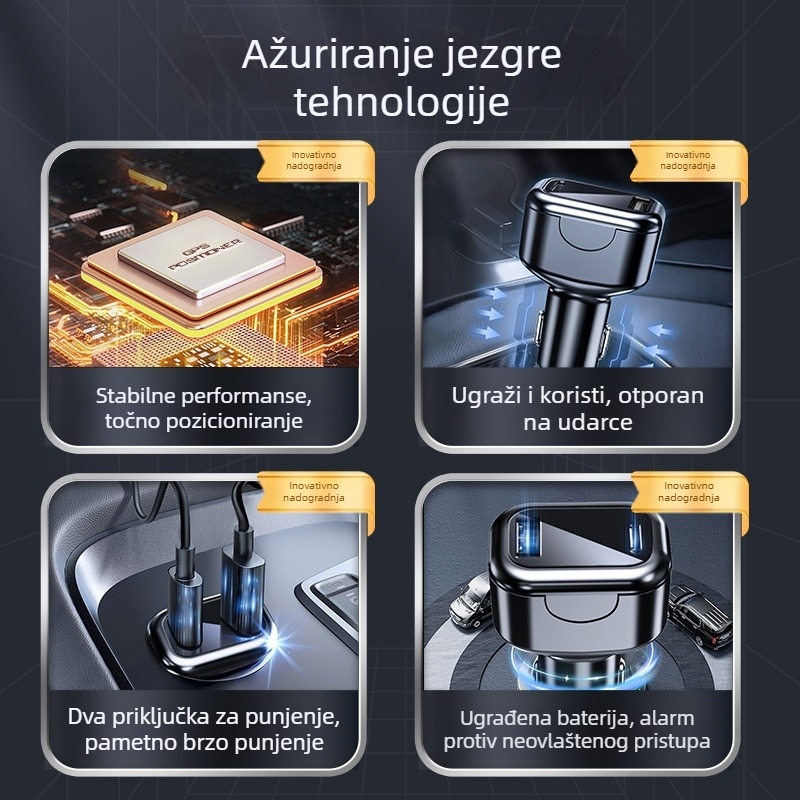 Bežični auto punjač s GPS + Beidou lokatorom (točnost 5 m), dvostruki brzo punjenje porta, Type-C napajanje, alarm protiv manipulacije