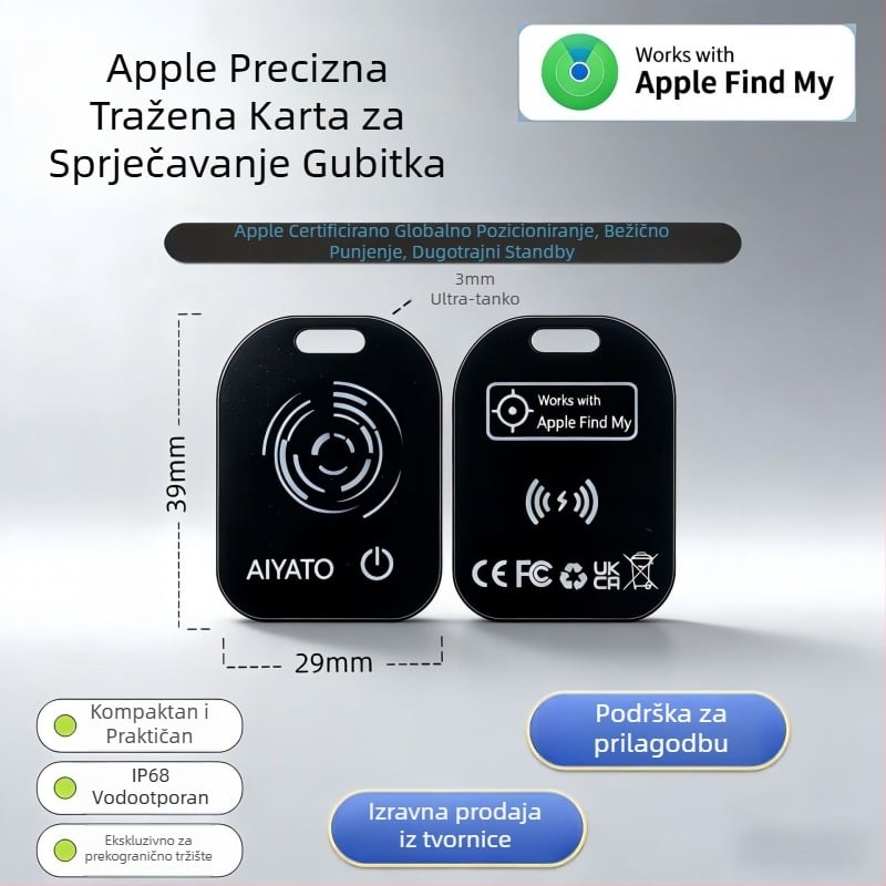 Kartični locater – uređaj protiv gubitka za Apple iOS; pretraživanje jednim pritiskom; baterija 50 mAh; težina 5,5 g; bežični domet diljem svijeta; ABS + PVC materijal