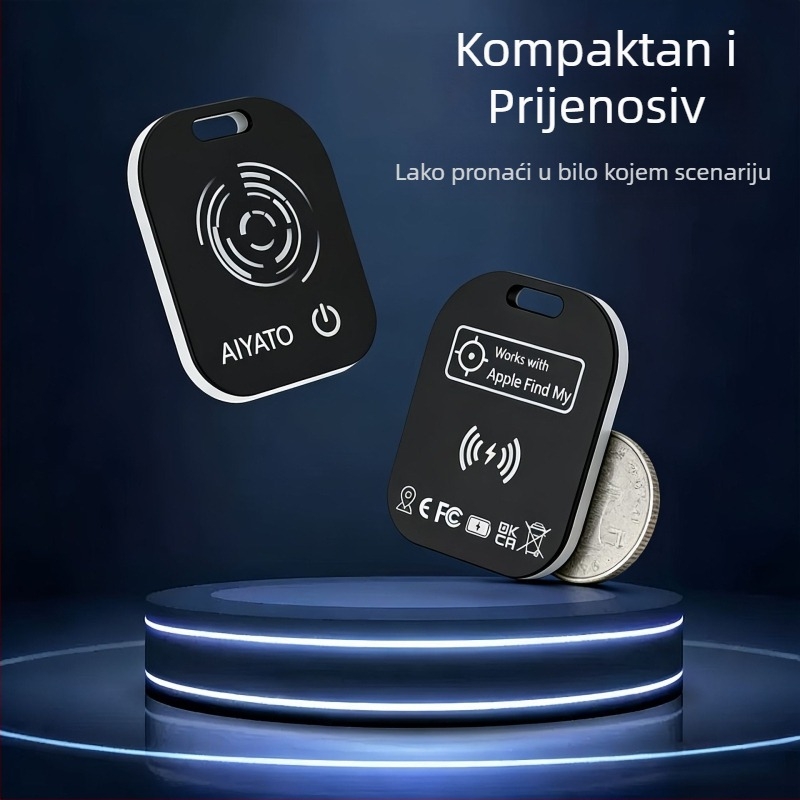 Kartični locater – uređaj protiv gubitka za Apple iOS; pretraživanje jednim pritiskom; baterija 50 mAh; težina 5,5 g; bežični domet diljem svijeta; ABS + PVC materijal