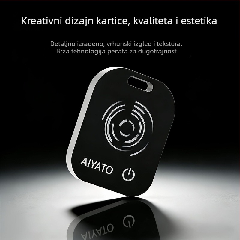 Kartični locater – uređaj protiv gubitka za Apple iOS; pretraživanje jednim pritiskom; baterija 50 mAh; težina 5,5 g; bežični domet diljem svijeta; ABS + PVC materijal