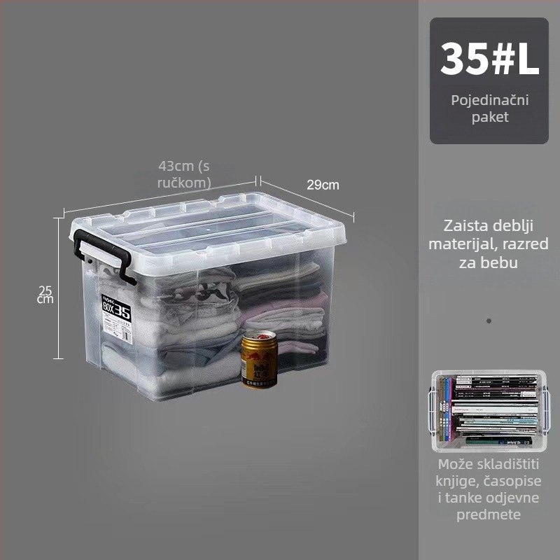 Prozirna plastična kutija za skladištenje s poklopcem, kapacitet 250–300 L, za odjeću i deke; višestruke namjene, otporna na prašinu i vlagu.