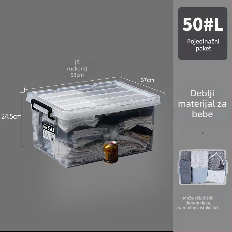 Prozirna plastična kutija za skladištenje s poklopcem, kapacitet 250–300 L, za odjeću i deke; višestruke namjene, otporna na prašinu i vlagu.