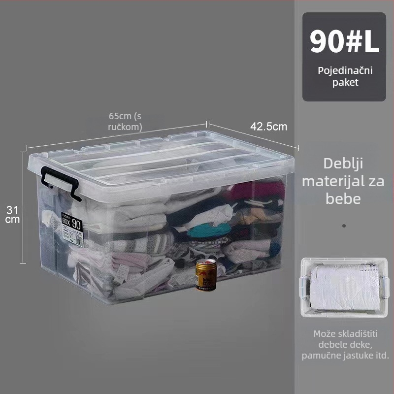 Prozirna plastična kutija za skladištenje s poklopcem, kapacitet 250–300 L, za odjeću i deke; višestruke namjene, otporna na prašinu i vlagu.