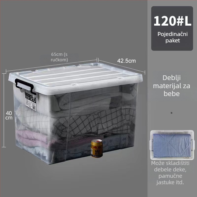 Prozirna plastična kutija za skladištenje s poklopcem, kapacitet 250–300 L, za odjeću i deke; višestruke namjene, otporna na prašinu i vlagu.