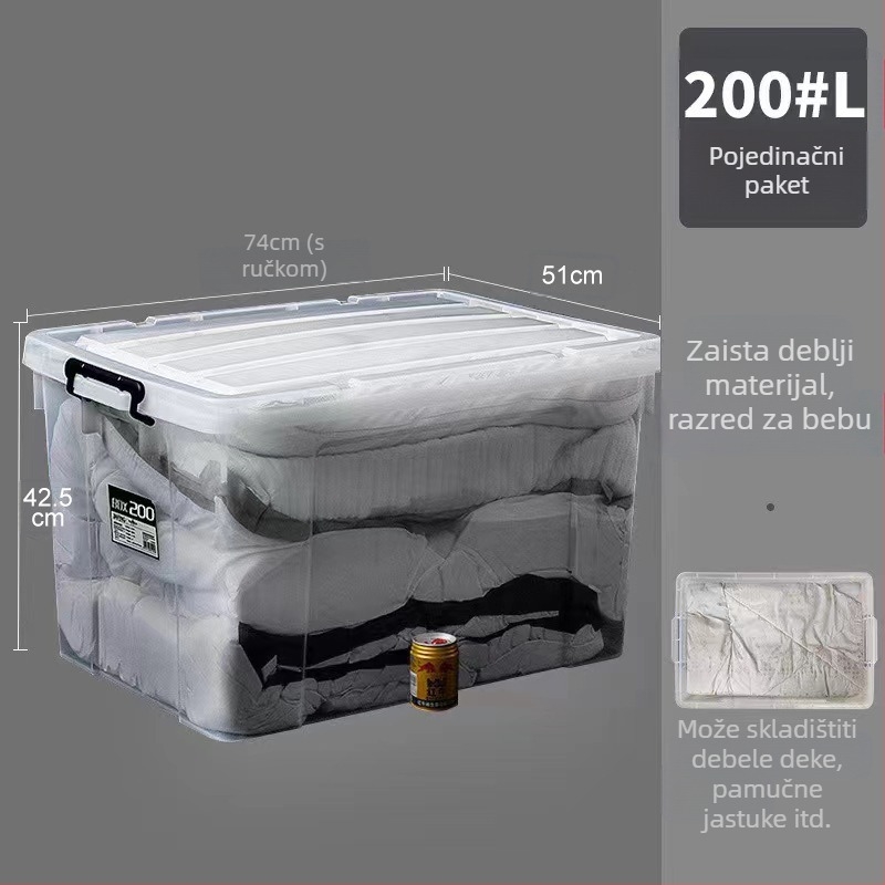Prozirna plastična kutija za skladištenje s poklopcem, kapacitet 250–300 L, za odjeću i deke; višestruke namjene, otporna na prašinu i vlagu.