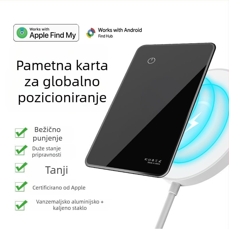Trangjan P045 Kartični locator za izgubljene predmete s bežičnim punjenjem za Apple iOS, stakleni materijal, svjetski domet, baterija ispod 500 mAh