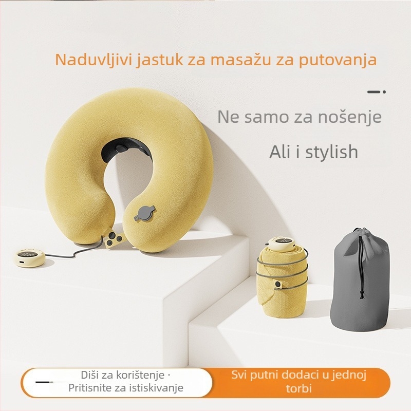 Jastuk za masažu vrata u obliku U, napuhljiv za putovanja, punjiv, s dvije masažne glavice, Crystal Velvet navlaka