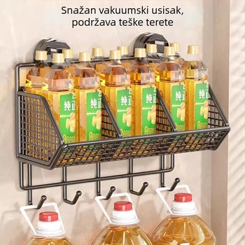 Zidni kuhinjski rega za pohranu s usisnim čašicama — željezo, 1 etaža, organizator đumbira i češnjaka (bez bušenja)