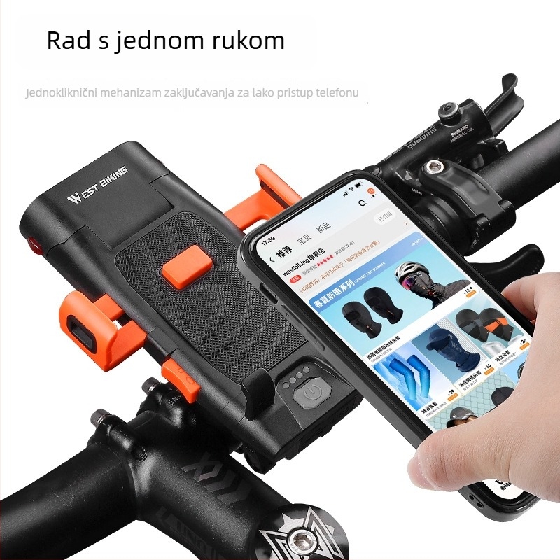 WEST BIKING Držač za telefon na biciklu s prednjom svjetlom i ugrađenom power bankom, zaključavanje jednim klikom za planinski bicikl