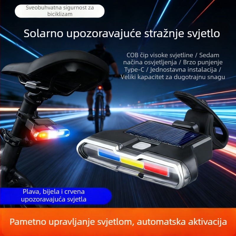 Solarna stražnja svjetiljka za bicikl s trobojnim upozoravajućim svjetlom, treperava svjetlost visoke jačine USB svjetiljka za noćnu vožnju