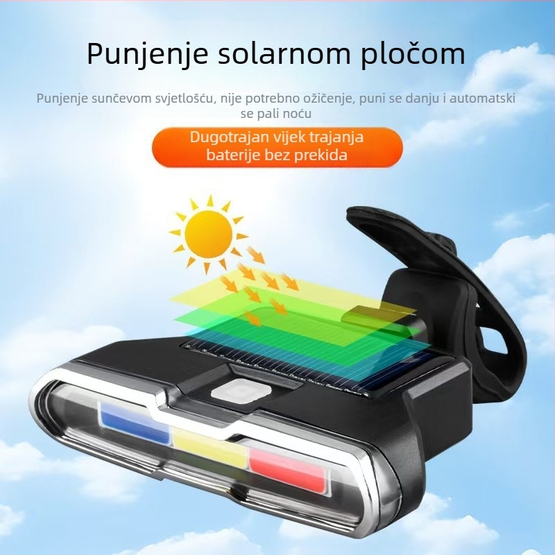 Solarna stražnja svjetiljka za bicikl s trobojnim upozoravajućim svjetlom, treperava svjetlost visoke jačine USB svjetiljka za noćnu vožnju