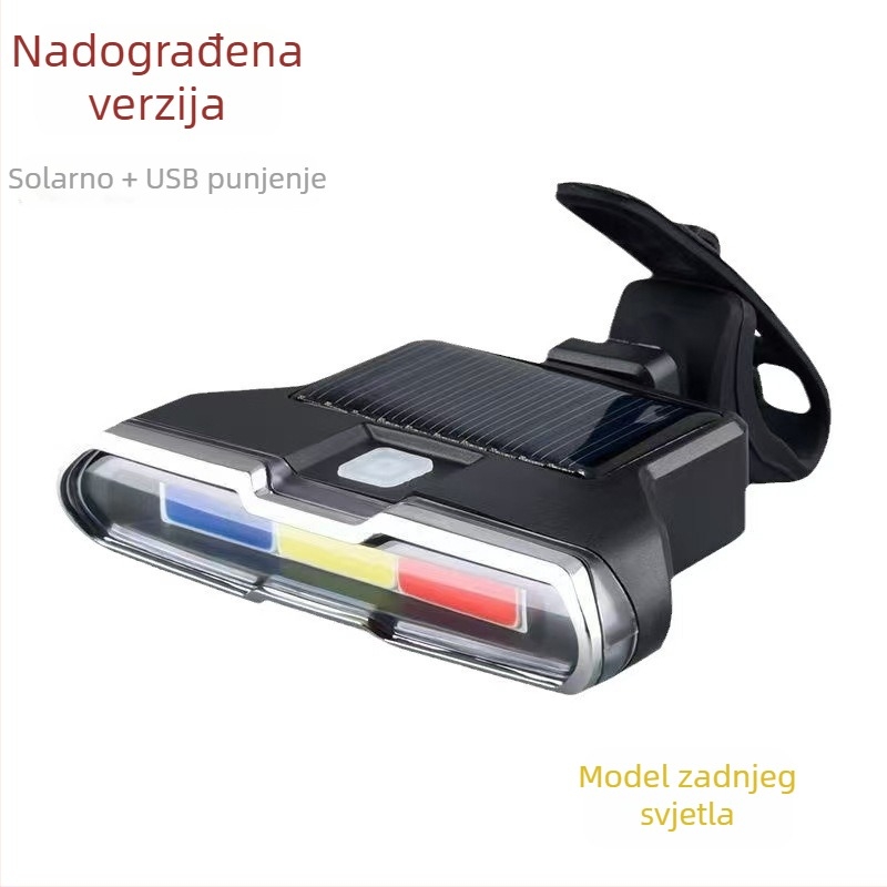 Solarna stražnja svjetiljka za bicikl s trobojnim upozoravajućim svjetlom, treperava svjetlost visoke jačine USB svjetiljka za noćnu vožnju