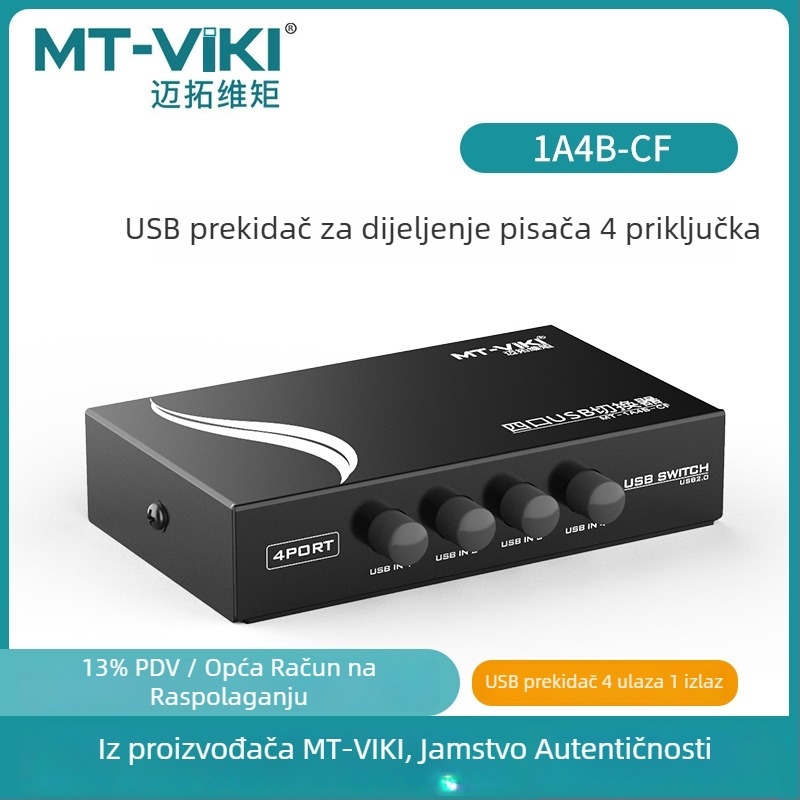 MT-1A4B-CF USB prekidač za dijeljenje pisača, 4 porta, kompatibilan s Windows 7