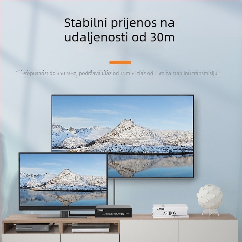 VGA razdjelnik, 1 ulaz, 2 izlaza, model FJ-3502, rezolucija 1920x1440, upravljanje napajanjem