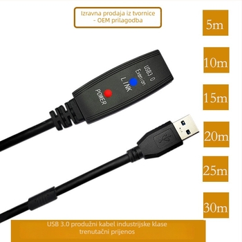 USB 3.0 produžni kabel sa pojačanjem signala, visokorazinski extender signala; duljina 5–30 m; daljinsko buđenje; upravljanje napajanjem; kompatibilan sa svim sustavima.