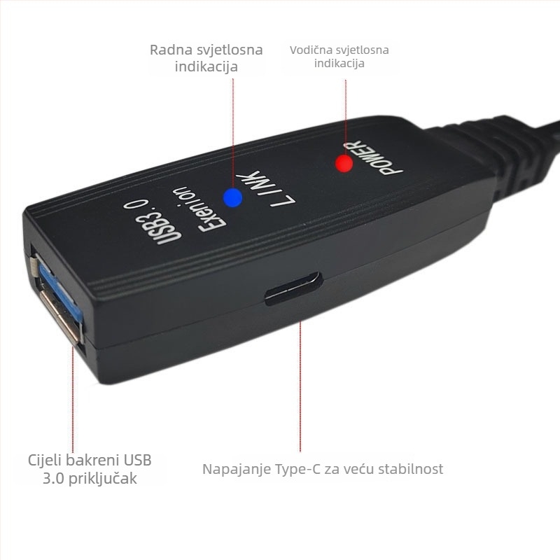 USB 3.0 produžni kabel sa pojačanjem signala, visokorazinski extender signala; duljina 5–30 m; daljinsko buđenje; upravljanje napajanjem; kompatibilan sa svim sustavima.
