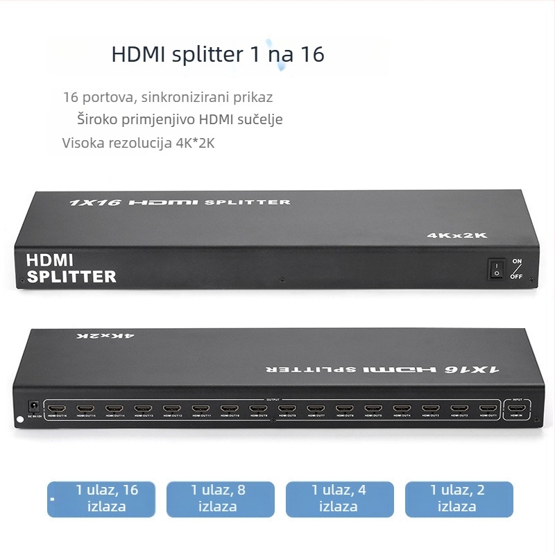 HDMI razdjelnik 1×16, model E10200510, podržava 4K×2K, Windows 7 kompatibilan, upravljanje napajanjem