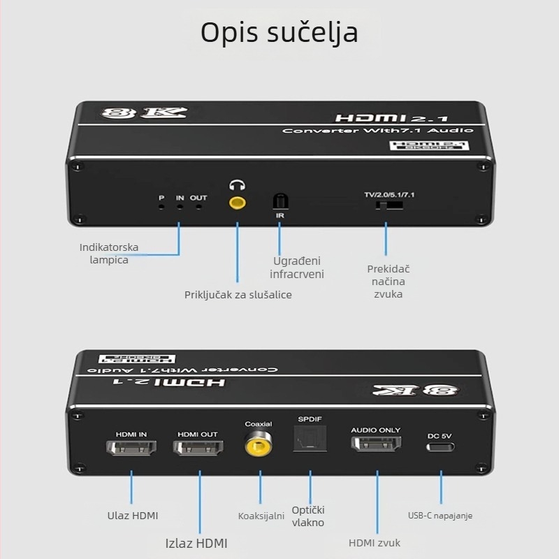 HDMI 2.1 audio splitter s optičkim izlazom, kompatibilan s PS5/PC, 4K120Hz, 5 m kabel, s daljinskim upravljačem
