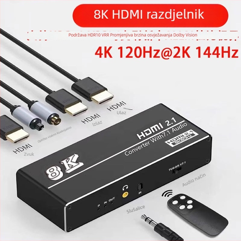 HDMI 2.1 audio splitter s optičkim izlazom, kompatibilan s PS5/PC, 4K120Hz, 5 m kabel, s daljinskim upravljačem