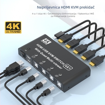 Qi Ruitong QRT-4K-01 HDMI KVM prekidač, HDMI 4-u-1 podijeljivač zaslona, 1920x1080, kompatibilan s Windows 7