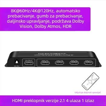 HDMI video prekidač 4 ulaza/1 izlaz, 8K60Hz, Dolby Vision HDR, panoramski zvuk, daljinsko buđenje