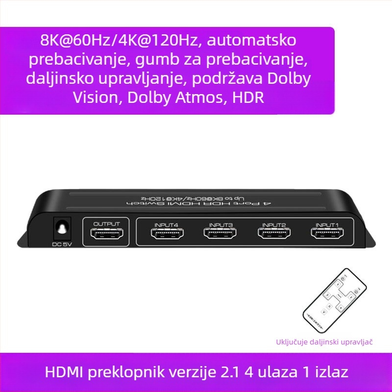 HDMI video prekidač 4 ulaza/1 izlaz, 8K60Hz, Dolby Vision HDR, panoramski zvuk, daljinsko buđenje