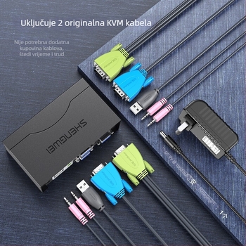 KVM prekidač s USB tipkovnicom i mišem, 2-portni VGA sa zvukom, rezolucija 1920x1440