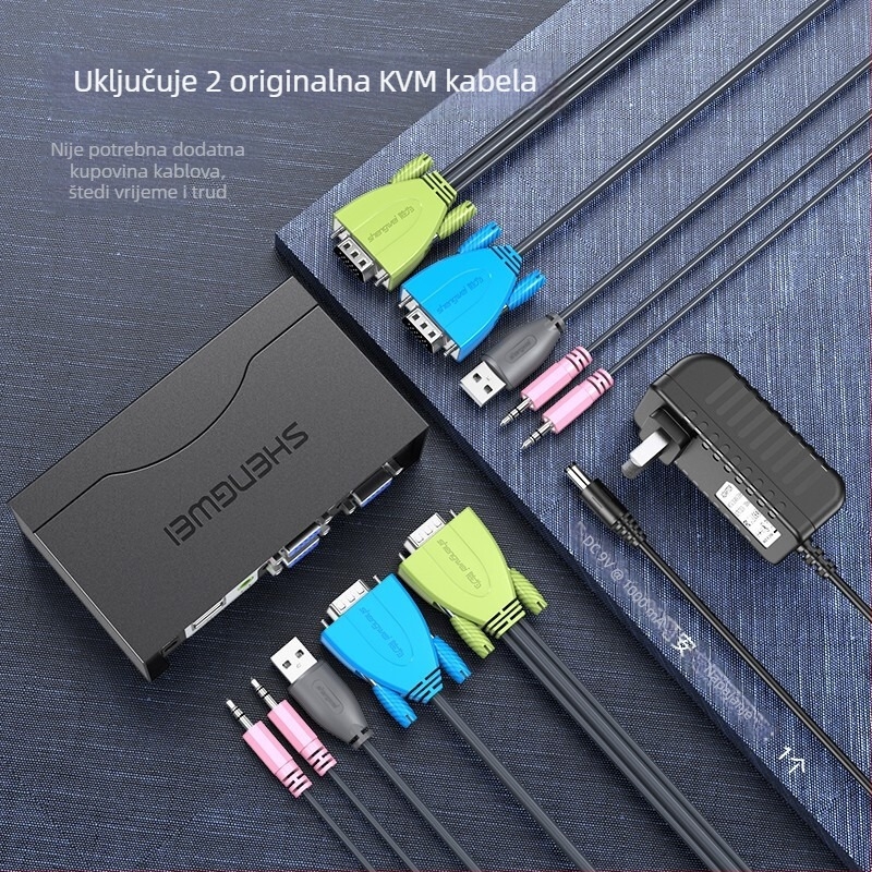 KVM prekidač s USB tipkovnicom i mišem, 2-portni VGA sa zvukom, rezolucija 1920x1440
