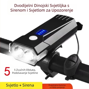 Biciklistično prednje svjetlo s dvije T6 LED diode i sirenom, 600 lumena, za noćnu vožnju, baterija 2000/4000 mAh, Micro-USB punjenje