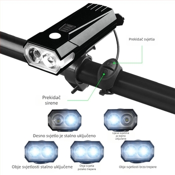 Biciklistično prednje svjetlo s dvije T6 LED diode i sirenom, 600 lumena, za noćnu vožnju, baterija 2000/4000 mAh, Micro-USB punjenje