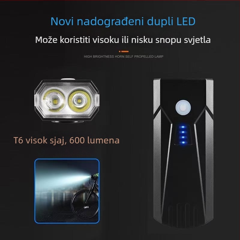 Biciklistično prednje svjetlo s dvije T6 LED diode i sirenom, 600 lumena, za noćnu vožnju, baterija 2000/4000 mAh, Micro-USB punjenje
