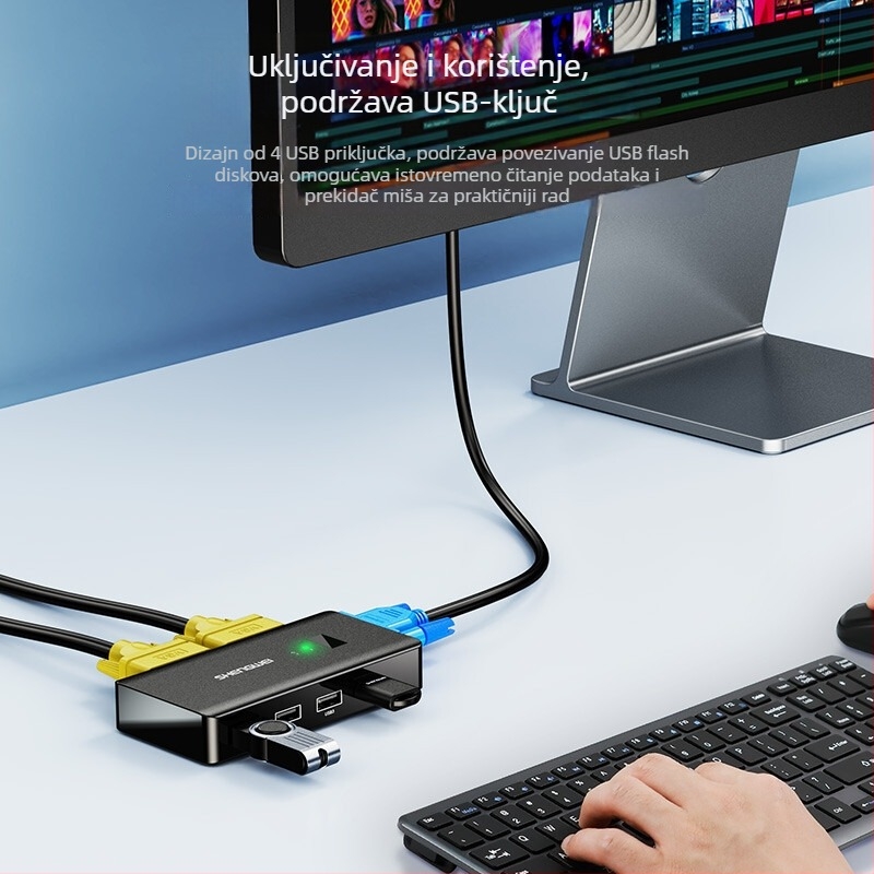 Win DVK1201G KVM prekidač, VGA, dijeljenje USB pisača, 2-u-1 izlaz, dva računala dijele tipkovnicu, miš i monitor, rezolucija 1920x1440