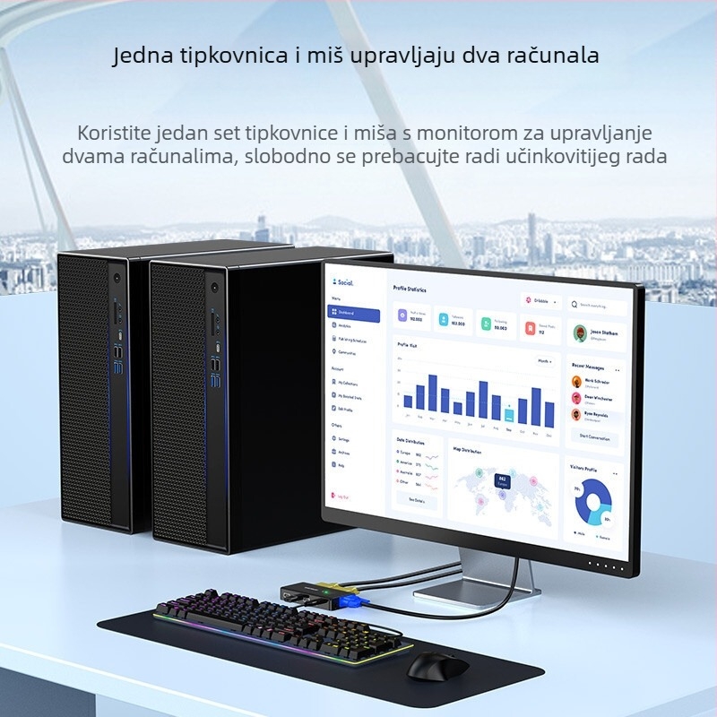 Win DVK1201G KVM prekidač, VGA, dijeljenje USB pisača, 2-u-1 izlaz, dva računala dijele tipkovnicu, miš i monitor, rezolucija 1920x1440