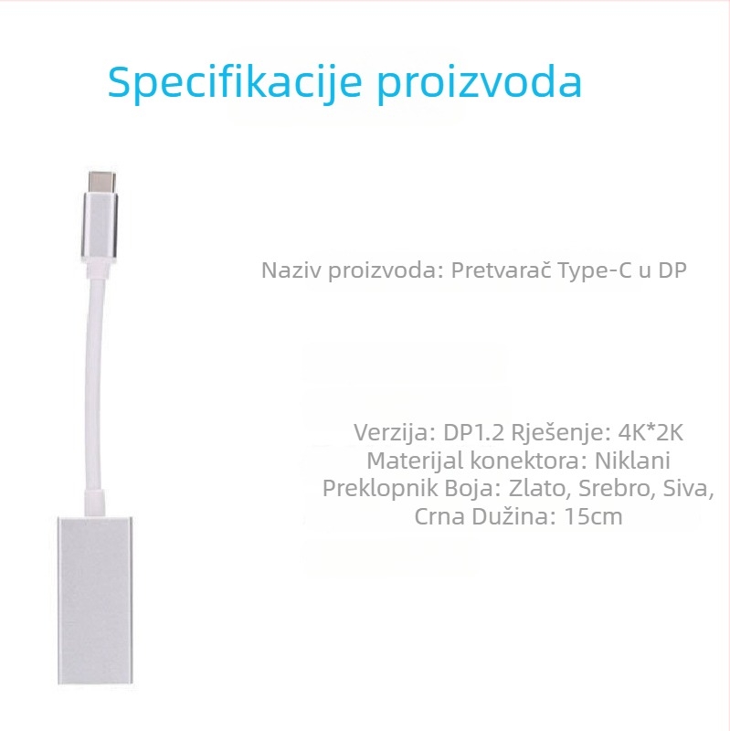 Type-C na DP adapter kabel, verzija 1.2, 4Kx2K (3840x2160), duljina 0.25 m, konverzija video sučelja