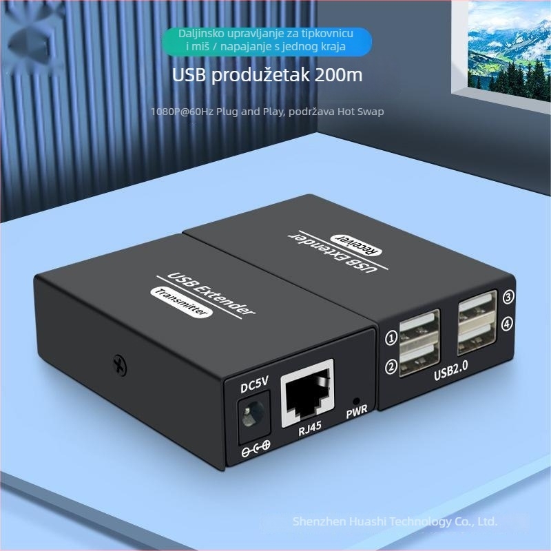 USB 2.0 extender 120 m, s 4-portnim USB hubom, USB na RJ45, za nadzor računala i proširenje miša putem jednog RJ45 kabela