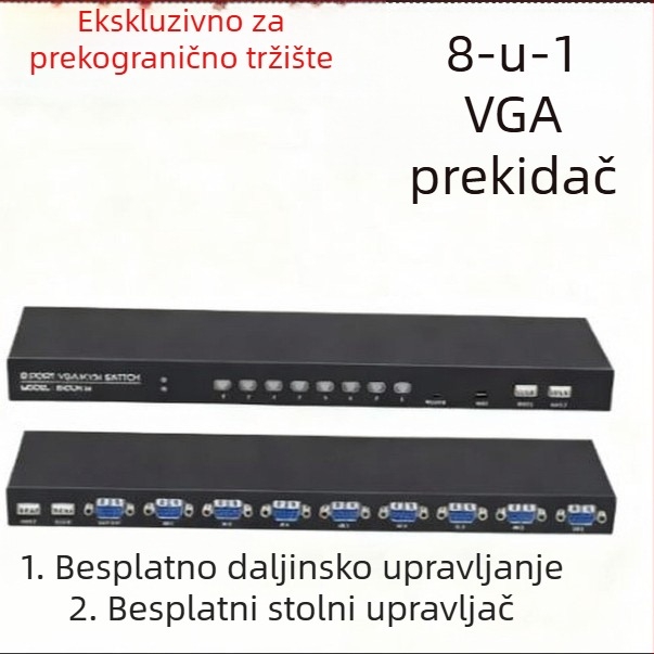 KVM prekidač s VGA 8-port, dijeljenje tipkovnice i miša, 1080p, duljina kabela 1,5 m, uključuje 8 VGA kabela