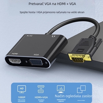 VGA na HDMI + VGA dvostruki konverter za prikaz, video adapter kabel 25 cm, 1080P, podrška Windows98