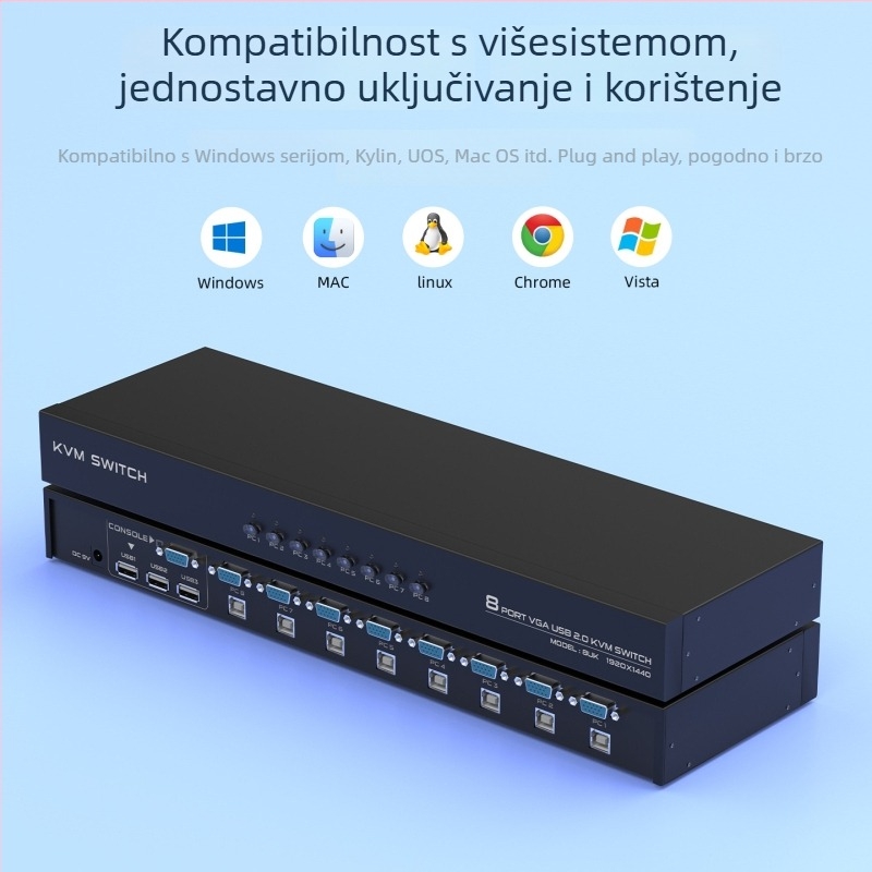 8-portni VGA KVM prekidač s dijeljenom tipkovnicom i mišem, 1 ulaz / 8 izlaza, ručno prebacivanje gumbom, metalno kućište